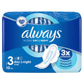 Always - Ultra Day & Night Comfort Lock Wings, 10 Pads: superior absorbency, 3x protection, InstantDry, LeakGuard & ComfortFit with wings for all-day and night comfort.